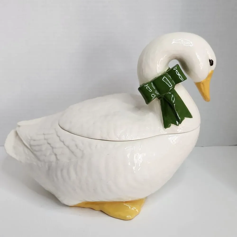 Vintage Country Goose Cookie Jar Green Bow Ceramic